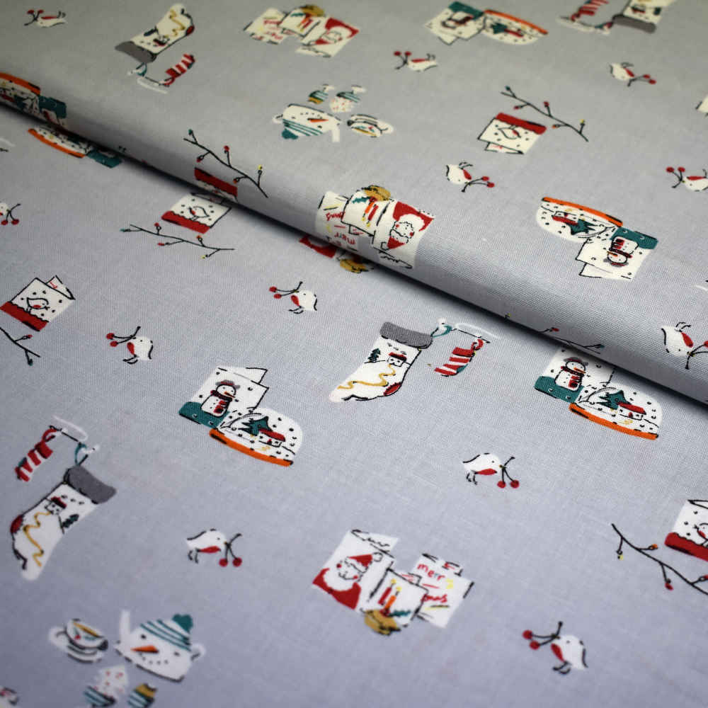 Tela de navidad con detalles de nieve en gris