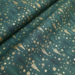 Tela de navidad. Christmas is near. Pinos y nieve con fondo verde